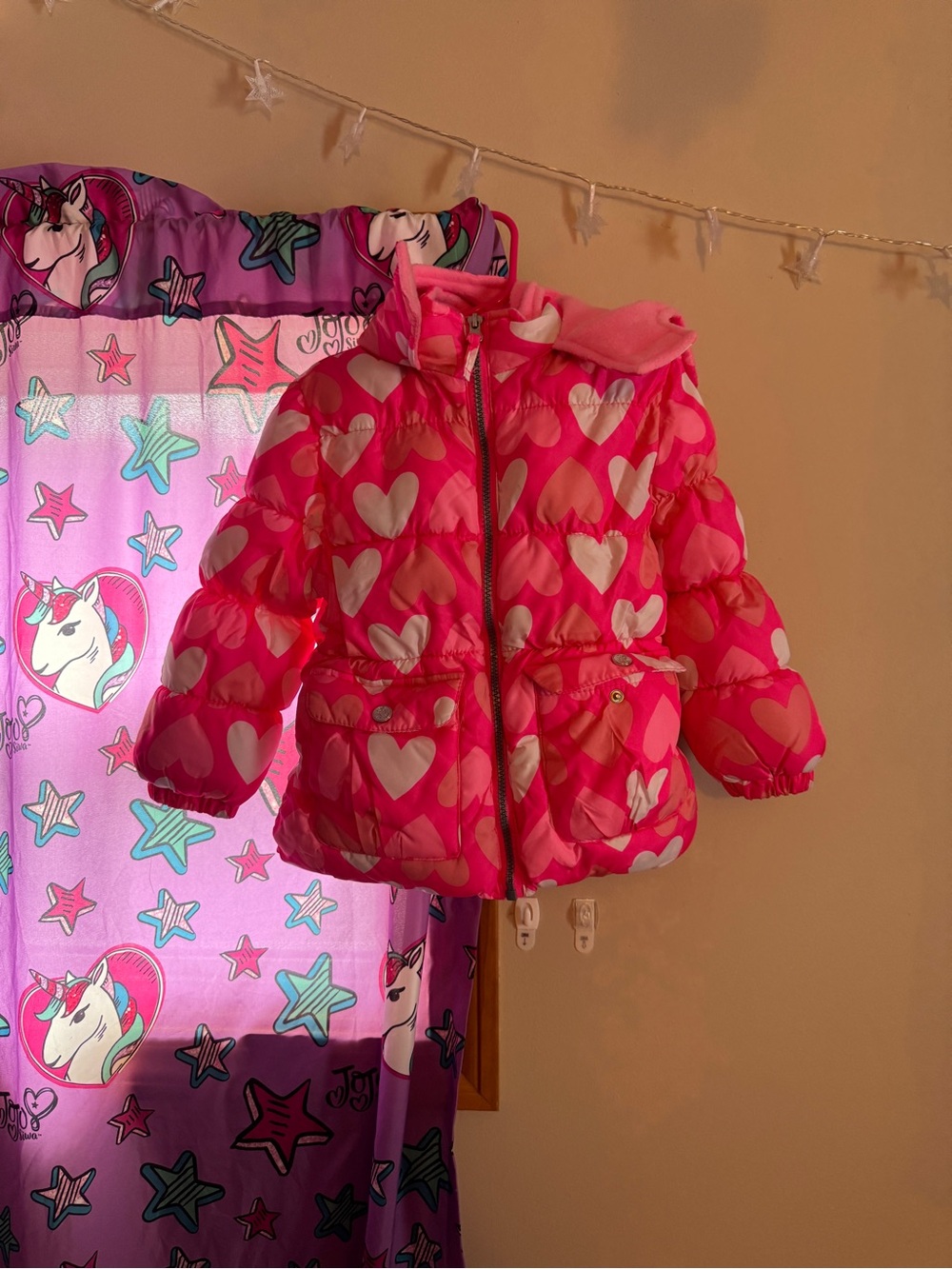 Pink Platinum Hot Pink and White Heart Puffer Jacket